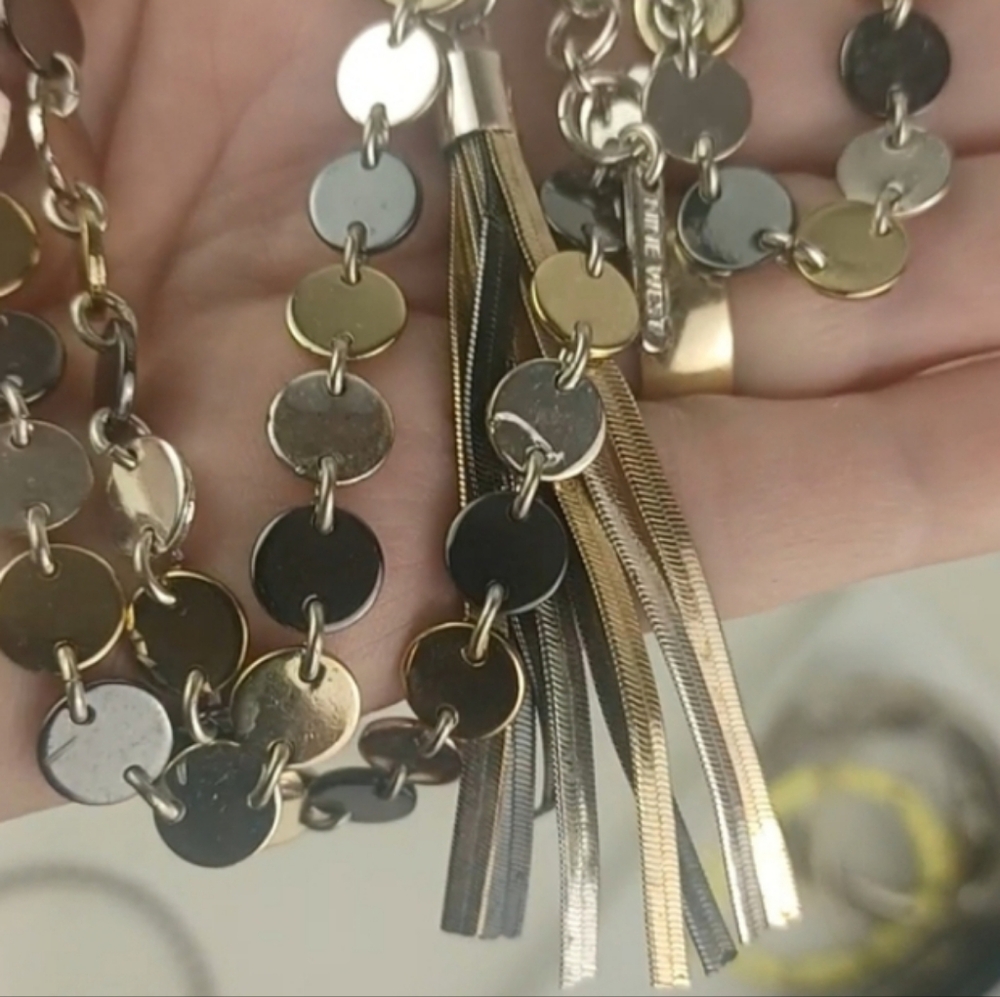 NINE WEST Gold Silver & Gun Metal Gray Mixed Metal Tasseled Necklace